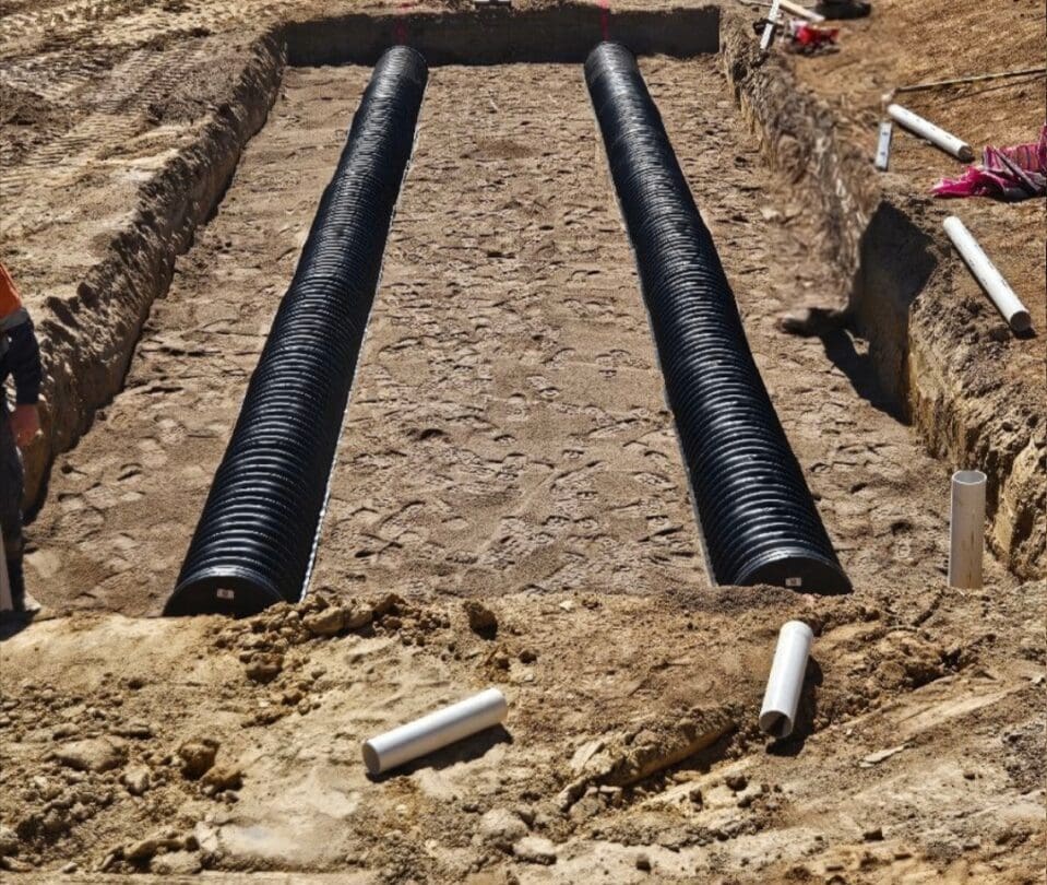 Black drainage pipes laid in trenches