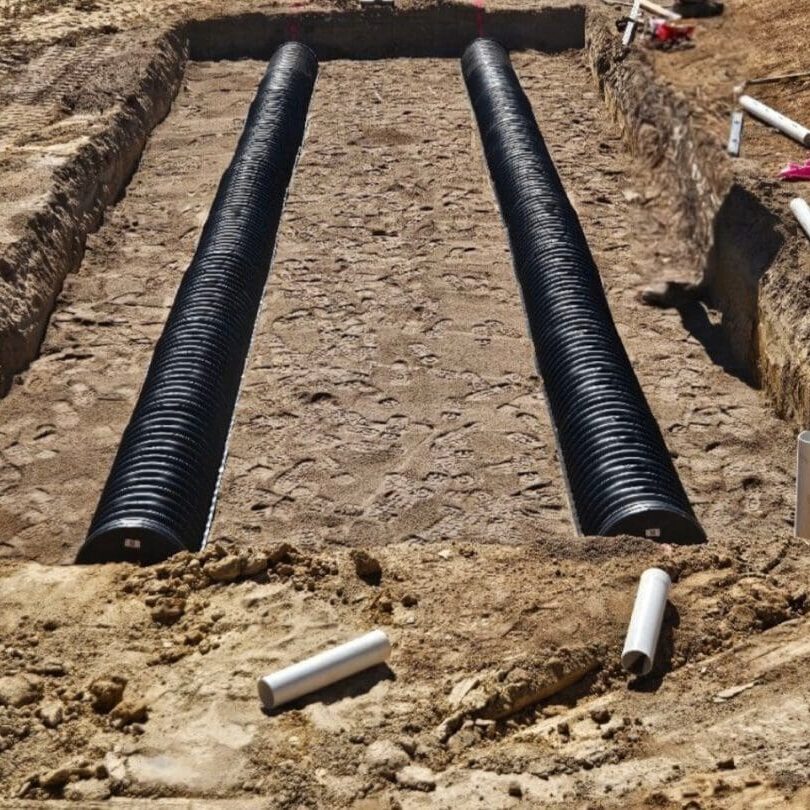 Large corrugated drainage pipes in trench